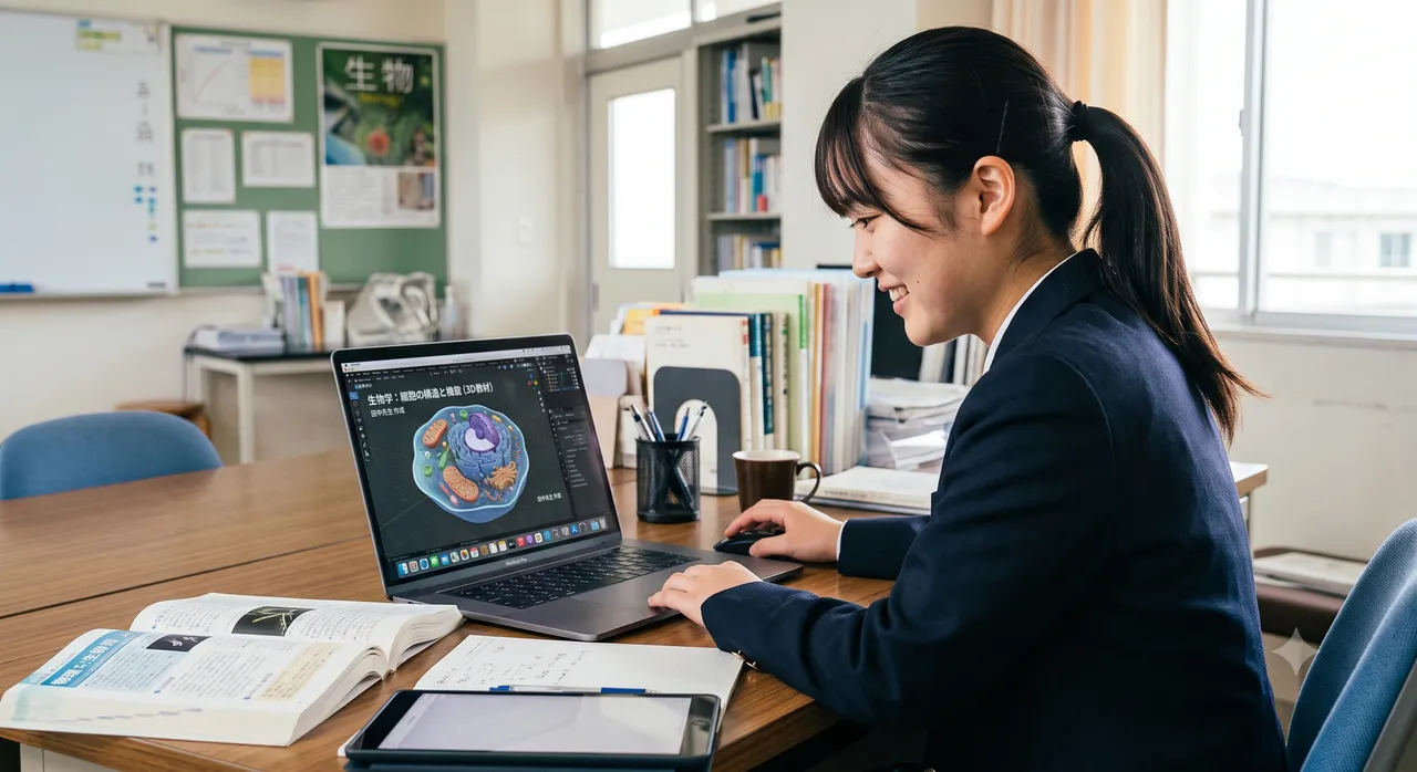 教材用の3Dオブジェクトを作成する学習者